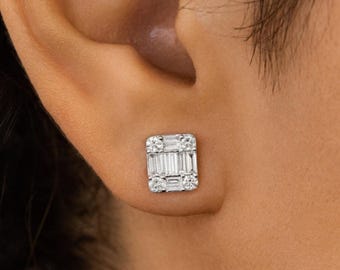 Baguette Cut Lab Diamond Cluster Oorbellen, 14K massief gouden studs, Eco-vriendelijke huwelijkssieraden
