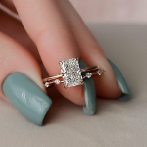 1.00 CT Radiant Cut Moissanite Ring Set,Hidden Halo Bridal Ring Set, Unique Curved Wedding Band With Solitaire Engagement Ring, Gift For Her