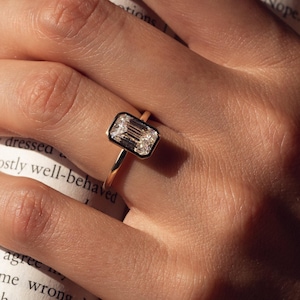 14k Solid Gold Emerald Cut Moissanite Ring, Bezel Set Engagement Ring, 2.50 CT Solitaire, Handmade Simple Bridal Jewelry Gift Women