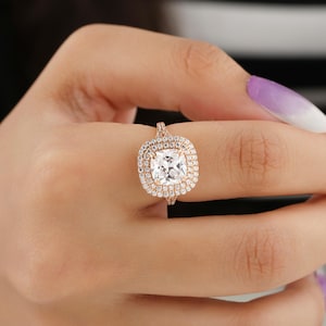 14K Solid Yellow Gold Double Halo Ring, Cushion Cut Diamond Engagement Ring, Split Shank Ring, Cushion Cut Ring, Moissanite Wedding Ring