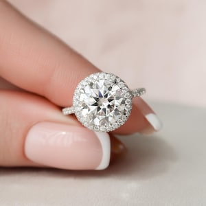 Round Cut Moissanite Halo Engagement Ring: White Gold Pave Eternity Band