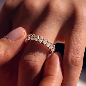 Oval Moissanite Wedding Band: Yellow Gold Half Eternity Anniversary Ring