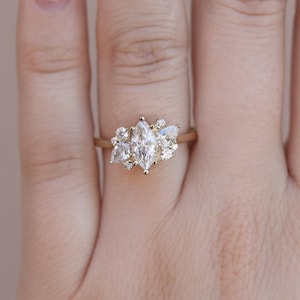 Unique Marquise cut Moissanite engagement ring Cluster Yellow gold Engagement ring Vintage diamond wedding bridal Anniversary Promise gift