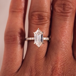 Hexagon Moissanite Engagement Ring: 14K Yellow Gold Hidden Halo