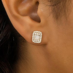 14k Gold Moissanite Earrings: Baguette & Round Cluster Studs