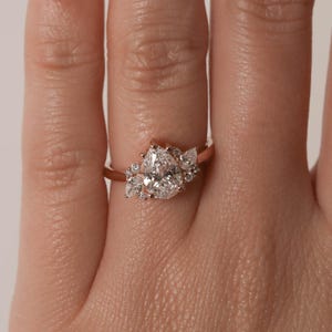 Pear shaped Moissanite engagement ring Unique Pear & Round cut diamond Cluster engagement ring rose gold wedding Bridal gift for women