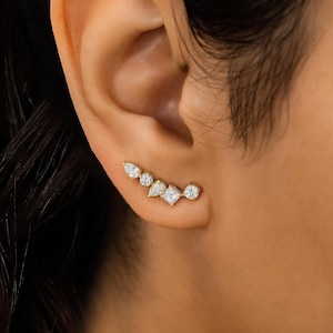 Multi shaped Moissanite stud earrings 14K Gold Cluster Wedding Earrings Pear, Princess and Round studs Ear Climbers Stud bridal Earrings