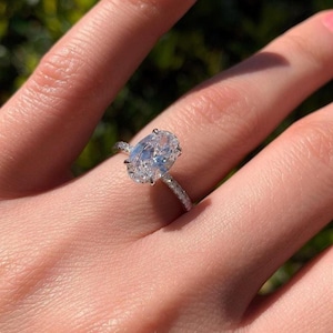 Oval Cut Moissanite Hidden Halo Engagement Ring, Flower Style Four Prong Setting With Pave Diamond Ring, Sparkling Moissanite Anniversary
