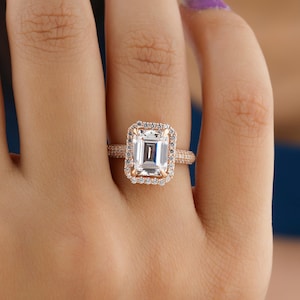 Emerald Cut Moissanite Engagement Ring: Halo & Triple Pave, Solid Gold