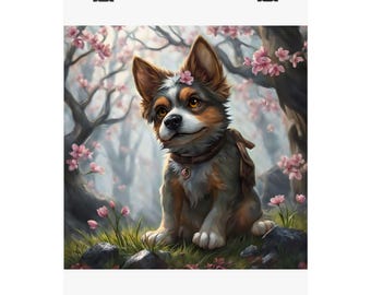 Puede incluir: Una impresión de arte digital que presenta un cachorro sonriente con pelaje marrón y gris, adornado con flores de cerezo rosas. El perro lleva un collar marrón y una pequeña mochila, sobre un fondo de bosque suave y borroso. La impresión se sujeta con dos clips negros.