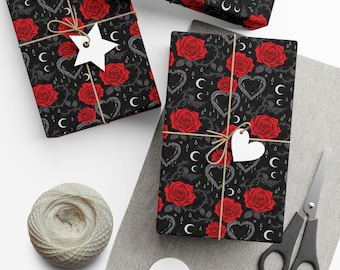 Red Rose Gothic Pattern Gift Wrap Paper | Floral Wrapping Paper, Dark Romantic