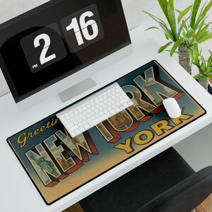 Tapis de bureau carte postale vintage rétro de New York, cadeau de voyage NYC, accessoire de bureau, tapis d'ordinateur et souris