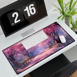 Cherry Blossom Desk Mat, Japanese Sakura Street Design, Floral Mouse Pad, Office Accessories, Chill