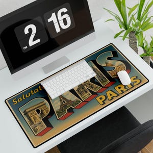 Tapis de bureau vintage carte postale de Paris, Accessoire espace de travail avec la Tour Eiffel, tapis de souris personnalisé, élégant