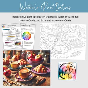 May include: Image of watercolor paint outlines with text. The image includes a watercolor painting of a breakfast scene with coffee, croissants, and apples. Also included are two print options, a how-to guide, and an extended watercolor guide.