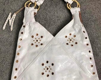 new yet Y2K vintage fashion Marciano by Guess white leather gold metal rings eyelets studs  large hobo shoulder bag braided straps