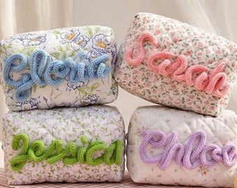 Personalized Makeup Bag,Custom Makeup Bag,Floral Cosmetic Bag,Women Toiletry Bag,Bridesmaid Gift,Quilted Toiletry Bag