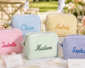 Embroidered Name Seersucker Makeup Bag,Beauty Makeup Bag,Bridesmaid Makeup Bag,Monogramed Makeup Bag,Bridesmaid Gifts,Gift for Her