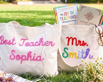 Custom Chenille Name Tote Bag with Teacher,Personalized Work Purse with Pockets,Teacher Appreciation Gift,Mrs. Gift,Back to School Tote