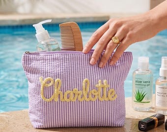 Custom Seersucker Makeup Bag,Toiletry Bag,Bridesmaid Gift,Travel Makeup Bag