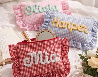 Custom Name Makeup Bag,Personalized Bridesmaid Gift,Gingham Chenille Name Bag, Getting Ready Gift,Bridesmaid Pouch,Bridesmaid Travel Bag
