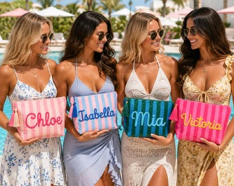 Personalized Travel Makeup Bag,Vacation Travel Pouch,Waterproof Striped Cosmetic Pouch,Bridesmaid Gift,Gift for Her,Beach Bag
