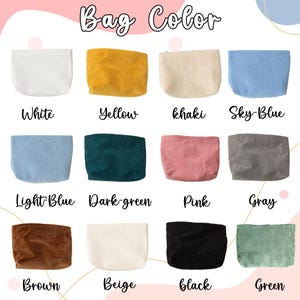 Pode incluir: Uma sele&ccedil;&atilde;o de bolsas de veludo cotel&ecirc; em v&aacute;rias cores, incluindo branco, amarelo, c&aacute;qui, azul celeste, azul claro, verde escuro, rosa, cinza, castanho, bege, preto e verde. O texto "Bag Color" est&aacute; no topo.