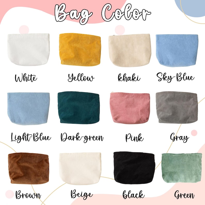 Pode incluir: Uma sele&ccedil;&atilde;o de bolsas de veludo cotel&ecirc; em v&aacute;rias cores, incluindo branco, amarelo, c&aacute;qui, azul celeste, azul claro, verde escuro, rosa, cinza, castanho, bege, preto e verde. O texto "Bag Color" est&aacute; no topo.