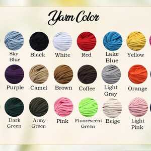 May include: A colour chart of yarn balls in various colours, including light purple, sky blue, black, white, red, lake blue, yellow, and rose pink. The text "Yarn Color" is at the top.