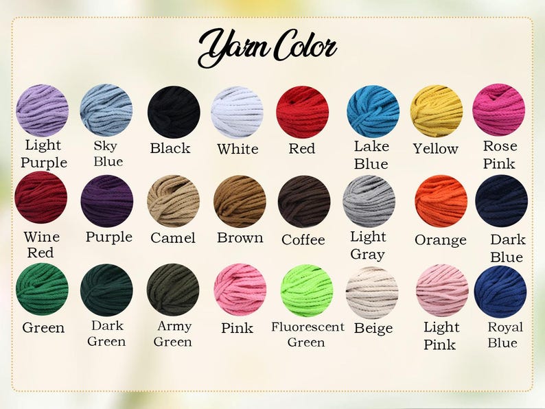 May include: A colour chart of yarn balls in various colours, including light purple, sky blue, black, white, red, lake blue, yellow, and rose pink. The text "Yarn Color" is at the top.