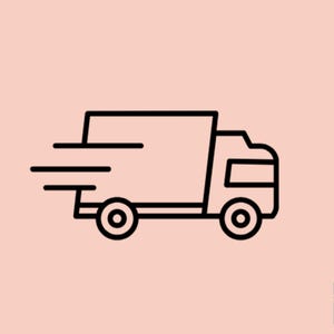 May include: A black and white line drawing of a delivery truck with speed lines, set against a light peach background. The truck has a rectangular cargo area, a cab with a window, and two wheels.