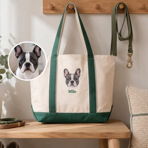 May include: A cream-coloured canvas tote bag with dark green trim and handles. The bag features an embroidered portrait of a French Bulldog and the name "Milo" stitched in green thread below the dog's face. A circular inset shows the dog.