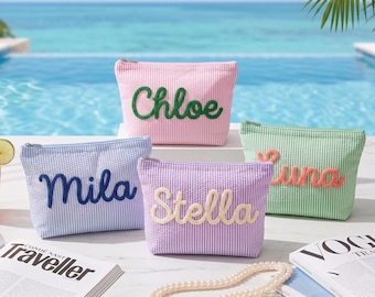 Personalized Seersucker Cosmetic Bag,Custom Seersucker Makeup Bag,Summer Beach Bag,Bridesmaid Gift,Travel Makeup Bag