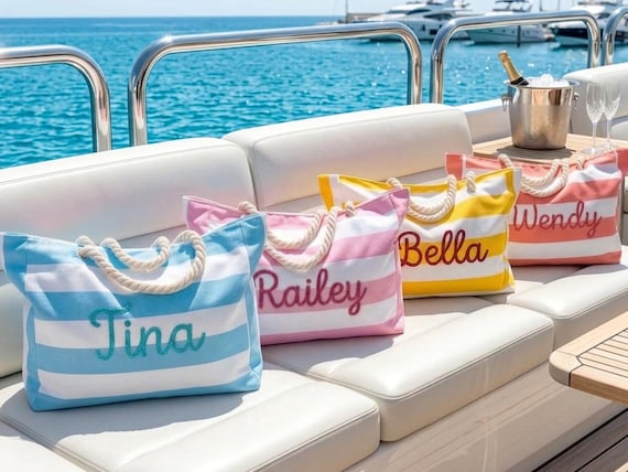 Custom Beach Bag with Zipper,Personalized Waterproof Pool Tote,Custom Name Pool Bag,Summer Vacation Gift,Striped Canvas Tote,Gift for her