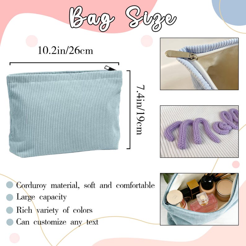 Pode incluir: Uma bolsa de veludo cotel&ecirc; azul claro, medindo 26 cm de comprimento e 19 cm de altura, com fecho de z&iacute;per. A imagem mostra as dimens&otilde;es e caracter&iacute;sticas da bolsa, incluindo seu material macio e grande capacidade. O texto indica op&ccedil;&otilde;es de personaliza&ccedil;&atilde;o.