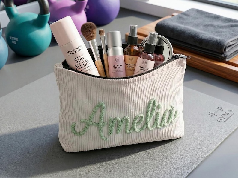Pode incluir: Uma bolsa de maquilhagem de veludo cotel&ecirc; creme com o nome "Amelia" bordado a verde. A bolsa cont&eacute;m pinc&eacute;is de maquilhagem, spray fixador e outros produtos de beleza. O texto "STAY ALL DAY" &eacute; vis&iacute;vel num produto. A bolsa est&aacute; sobre um tapete cinzento.
