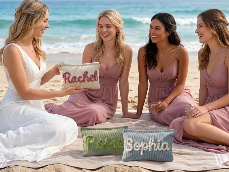 Pode incluir: Quatro mulheres numa praia, uma com um vestido branco, outras com vestidos rosa, reunidas em torno de n&eacute;cessaires personalizados. As bolsas s&atilde;o bege, verdes e azuis, com nomes bordados em v&aacute;rias cores. O cen&aacute;rio &eacute; uma praia com areia e ondas.