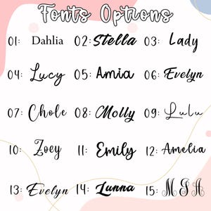 May include: A white background with the text "Fonts Options" at the top. Below, 15 font styles are numbered and named, including "Dahlia", "Stella", "Lady", "Lucy", "Amia", "Evelyn", "Chole", "Molly", "Lulu", "Zoey", "Emily", "Amelia", "Evelyn", "Lunna", and "MSH".