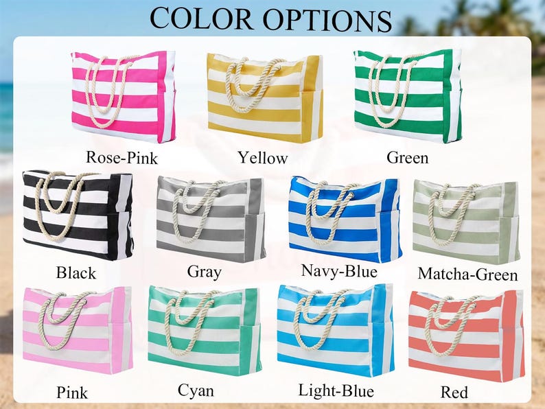 May include: A selection of striped tote bags in colours such as rose-pink, yellow, green, black, grey, navy-blue, matcha-green, pink, cyan, light-blue, and red. Each bag features rope handles and a side pocket.