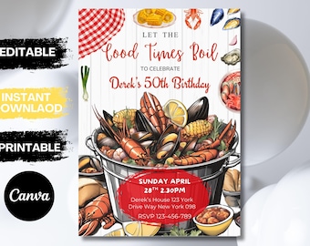 Seafood Birthday Party Invitation, Let The Good Times Boil, Shrimp, Squid, Crawfish, Canva Editable Template