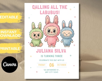Labubu Birthday Invitation: Pop Mart Theme, Editable Template (Digital Download)