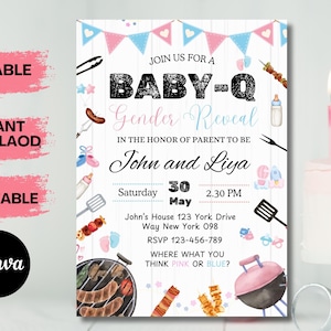 Editable Baby-Q Baby Shower Invitation Template: Backyard BBQ (PDF file for Canva Edit, 5x7&quot;)