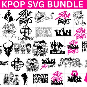 Paquete de SVG y PNG de cazadores de demonios del Kpop, SVG inspirado en cazadores de demonios, Sa-ja Boy SVG y PNG, Huntrix del Kpop SVG y PNG, Cena de chicas, Gato y pájaro PNG