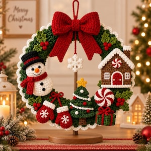 Könnte beinhalten: Ein gehäkelter Weihnachtskranz auf einem Holzständer mit einer großen roten Schleife, einem Schneemann, einem Lebkuchenhaus, einem Weihnachtsbaum, roten Fäustlingen, einem Pfefferminzbonbon und einem Geschenk. Eine weiße Schneeflocke hängt mittig.
