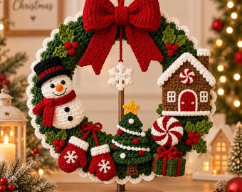 Op de afbeelding: Een gehaakte kerstkrans op een houten standaard met een grote rode strik, een sneeuwpop, een peperkoekhuisje, een kerstboom, rode wanten, een pepermuntje en een cadeau. Een witte sneeuwvlok hangt in het midden onder de rode strik.