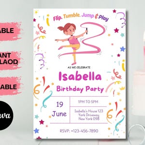Gymnastics Birthday Invitation Template: Editable Gymnast Party Invite (5x7&quot; PDF File)