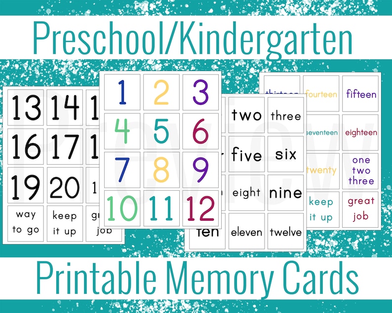 4 sets Kindergarten Numers 1-20 Preschool Memory and Matching Card Game Classroom Printer Ink Friendly Words and Numbers 1st grade