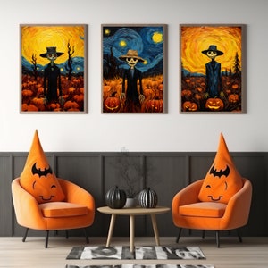 Van Gogh Inspired Halloween Prints, Digital Art Print, Digital Download, Printables, Poster Wall Art Set, Spooky, Fall, Pumpkin, Moonlight