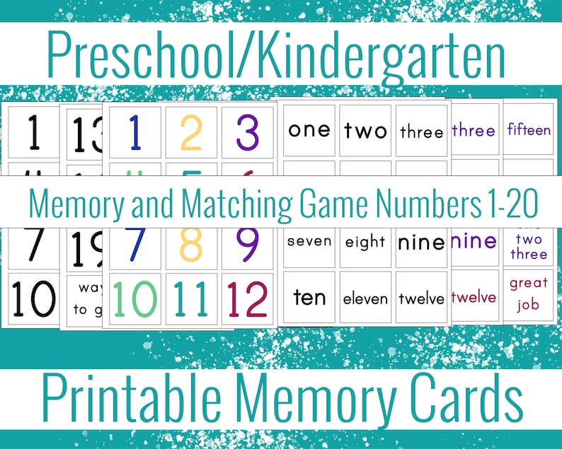 4 sets Kindergarten Numers 1-20 Preschool Memory and Matching Card Game Classroom Printer Ink Friendly Words and Numbers 1st grade