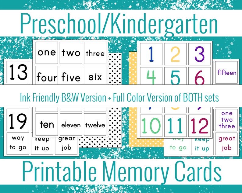 4 sets Kindergarten Numers 1-20 Preschool Memory and Matching Card Game Classroom Printer Ink Friendly Words and Numbers 1st grade